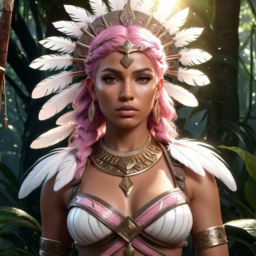 Prompt: HD 4k 3D, 8k, hyper realistic, professional modeling, ethereal Greek Goddess and Amazonian Warrior, pink hair, brown skin, gorgeous glowing face, Amazonian Warrior armor, quartz jewelry and tiara, Amazon warrior, tattoos, full body, jungle, adorned with white feathers and flowers, archer, surrounded by ambient divine glow, detailed, elegant, mythical, surreal dramatic lighting, majestic, goddesslike aura