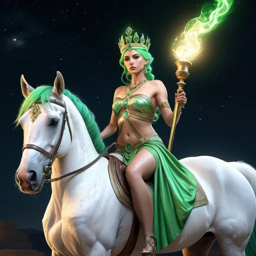 Prompt: HD 4k 3D, hyper realistic, professional modeling, ethereal Greek Goddess of Crossroads, bright green hair, mixed skin, gorgeous face,  grecian gown, lapiz jewelry and crown, holding a torch riding a horse, full body, crossroads at night, dog companion, protector, detailed, elegant, ethereal, mythical, Greek, goddess, surreal lighting, majestic, goddesslike aura