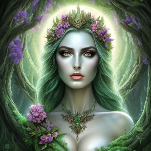 Prompt: HD 4k 3D, hyper realistic, professional modeling, ethereal Greek undead goddess of trees, green ombre hair, dark freckled skin, gorgeous face, gorgeous tree dress, tree jewelry and underworld crown, full body, ambient spooky glow, tree nymph in the underworld, landscape, detailed, elegant, ethereal, mythical, Greek, goddess, surreal lighting, majestic, goddesslike aura
