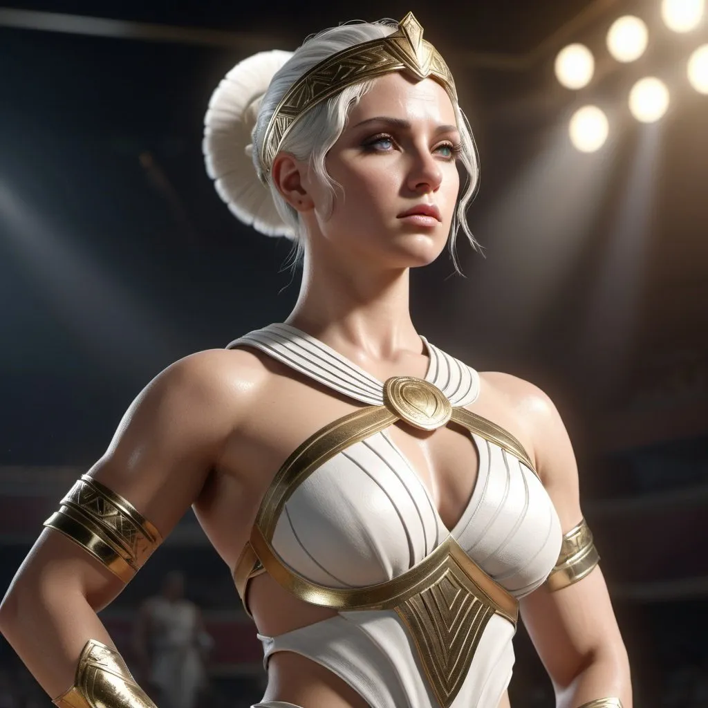 Prompt: HD 4k 3D, hyper realistic, professional modeling, ethereal Greek Goddess of Wrestling, short white hair, fair skin, gorgeous face,  grecian warrior armor, agate jewelry and headpiece, full body, athletic, olympian, muscular, in olympic forum, detailed, elegant, ethereal, mythical, Greek, goddess, surreal lighting, majestic, goddesslike aura