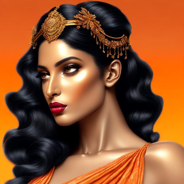 Prompt: HD 4k 3D, hyper realistic, professional modeling, ethereal Greek goddess of evening, black and white victory roll hair, dark skin, gorgeous face, golden orange velvet gown, evening jewelry and headband, full body, soft ambient yellow-orange glow of evening, alluring goddess, evening sky, birds in sky, detailed, elegant, ethereal, mythical, Greek, goddess, surreal lighting, majestic, goddesslike aura