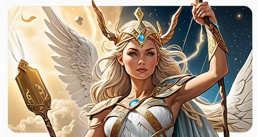 Prompt: tarot card illustration, Eir Norse Goddess Valkyrie of healing and mercy, hyperrealistic, HD 4k 3D 8k professional modeling photo, beautiful tan maiden, enchanted, battle magic, surrounded by ambient glow, magical, highly detailed, intricate, mythical background, elegant, surreal lighting, majestic, goddesslike aura