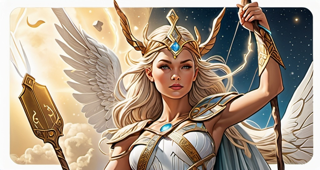 Prompt: tarot card illustration, Eir Norse Goddess Valkyrie of healing and mercy, hyperrealistic, HD 4k 3D 8k professional modeling photo, beautiful tan maiden, enchanted, battle magic, surrounded by ambient glow, magical, highly detailed, intricate, mythical background, elegant, surreal lighting, majestic, goddesslike aura