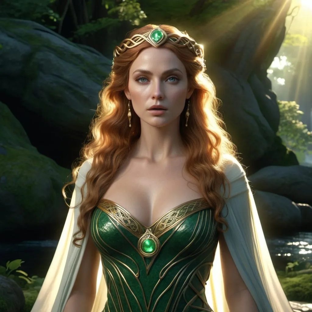 Prompt: HD 4k 3D, hyper realistic, professional modeling, enchanted Celtic goddess enchantress mythology Princess, beautiful, magical, detailed, highly realistic woman, high fantasy Celtic landscape, elegant, ethereal, mythical, Greek goddess, surreal lighting, majestic, goddesslike aura, Annie Leibovitz style 