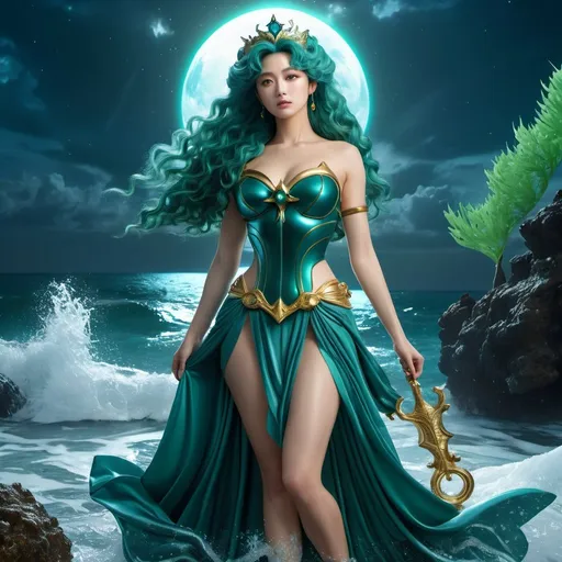 Prompt: HD 4k 3D 8k professional modeling photo hyper realistic beautiful woman enchanted Neptune Princess Michiru, ethereal greek goddess, full body surrounded by ambient glow, magical, highly detailed, intricate, beautiful Sailor Neptune style, Neptune, goddess of stormy sea, seaweed, astral, outdoor landscape, highly realistic woman, high fantasy background, elegant, mythical, surreal lighting, majestic, goddesslike aura, Annie Leibovitz style 

