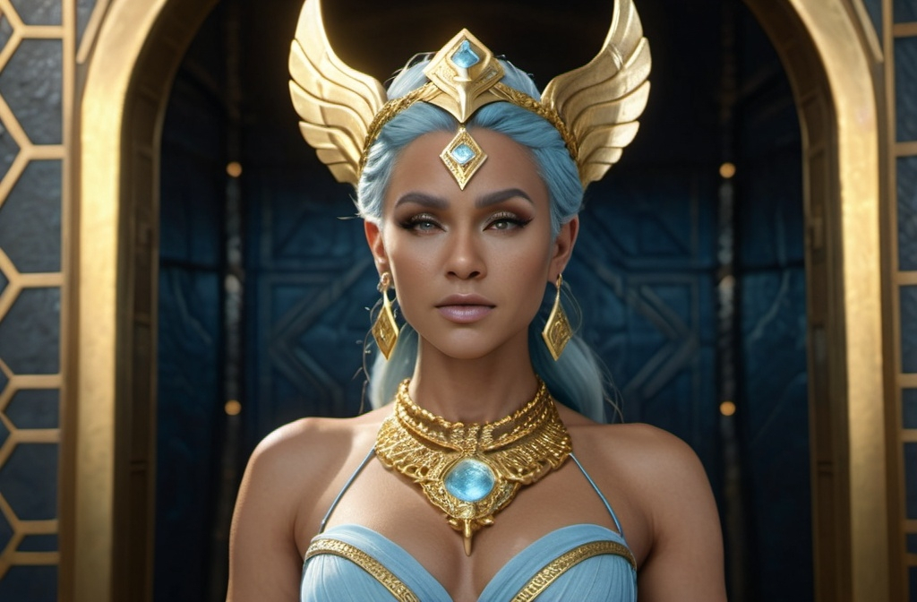 Prompt: Gullveig Norse Goddess of Gold,  hyper realistic, HD 4k 3D, professional modeling, ethereal, light blue updo hair, light brown skin, gorgeous face, gorgeous gold jewelry and headband, full body, in a chamber of gold, ambient glow, detailed, elegant, ethereal, mythical, goddess, moody lighting, majestic, goddesslike aura, Norse Mythology