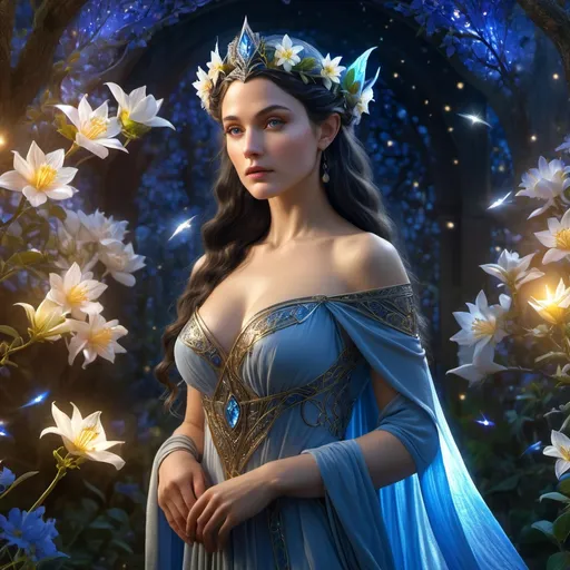 Prompt: HD 4k 3D 8k professional modeling photo hyper realistic beautiful woman enchanted Elf Princess Luthien, ethereal greek goddess, full body surrounded by ambient glow, magical, highly detailed, intricate, beautiful Elf, blossoming colorful flowers, starry night, nightingales, outdoor landscape, highly realistic woman, high fantasy background, elegant, mythical, surreal lighting, majestic, goddesslike aura, Annie Leibovitz style 

