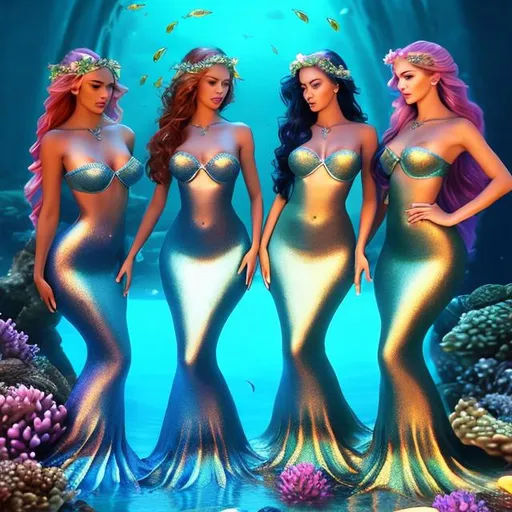 Prompt: HD 4k 3D 8k professional modeling photo hyper realistic group of beautiful women ethereal greek goddesses sea nymphs Oceanids
 all different colored hair gorgeous face ocean jewelry sea crowns all different colored mermaid tails full body surrounded by ambient glow hd landscape under the ocean mermaids

