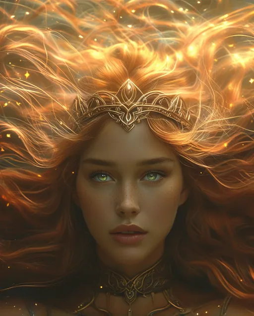 Prompt: Driver to victory Valkyrie Sigrdrífumál,  pre-Raphaelite time-lapse motion blur, High resolution, detailed portrait, ethereal atmosphere, red flowing hair, captivating eyes, cosmic mystical aura, vibrant colors, soft lighting, professional, digital painting, enchanting presence, fantasy, dreamy, female, mystical, detailed hair, captivating gaze, professional lighting, hyper realistic, HD 4k 3D, professional modeling, ethereal, gorgeous face, ambient divine glow, detailed and intricate, elegant, ethereal, mythical, goddess, radiant lighting, 