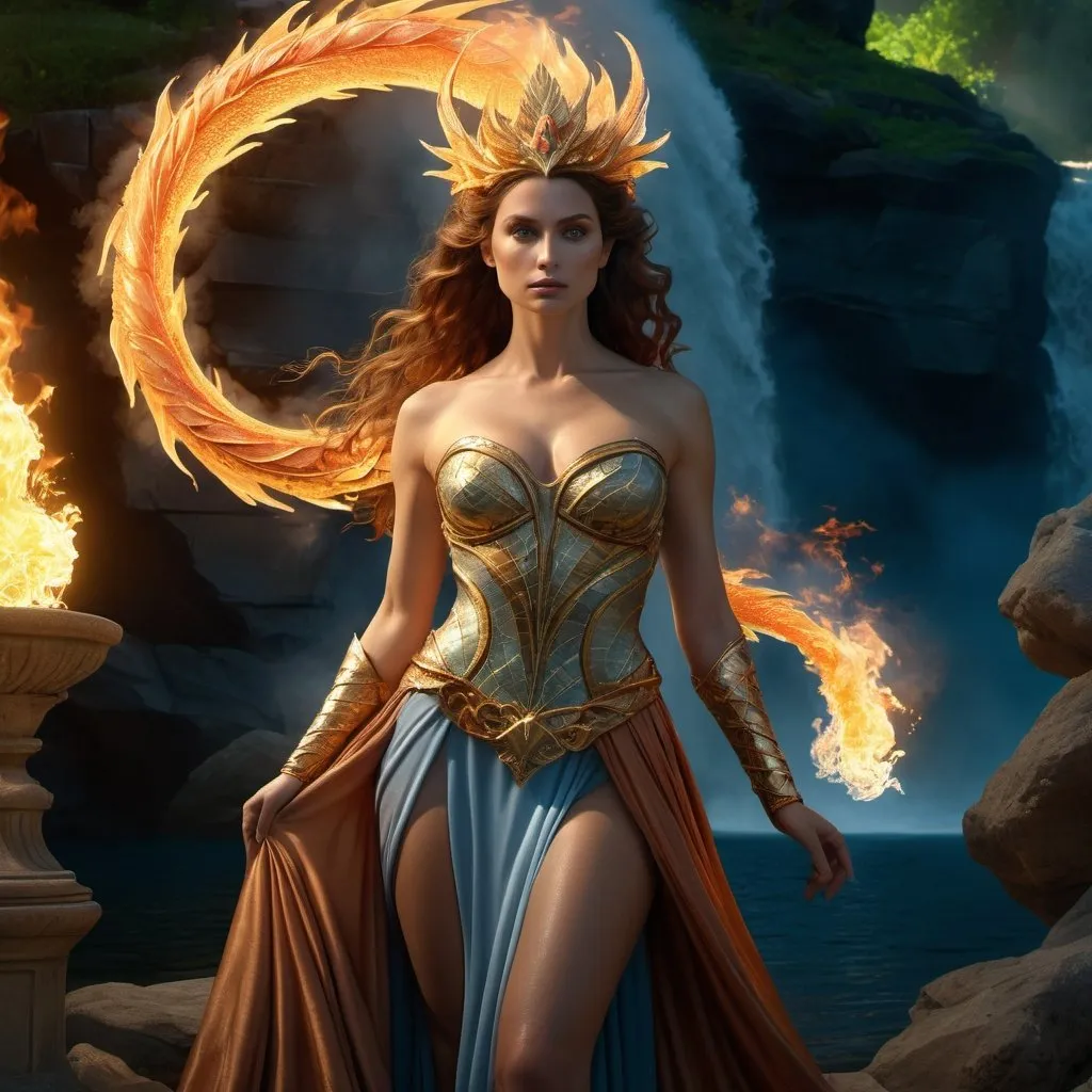 Prompt: HD 4k 3D 8k professional modeling photo hyper realistic beautiful woman enchanted Brittania Fire Princess, dragon woman, ethereal greek goddess, full body surrounded by ambient glow, enchanted, magical, highly detailed, intricate, regal, wise, enchanted outdoor landscape, highly realistic woman, high fantasy background, elegant, mythical, surreal lighting, majestic, goddesslike aura, Annie Leibovitz style 

