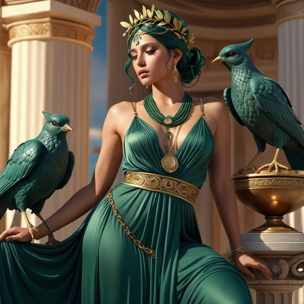 Prompt: HD 4k 3D, hyper realistic, professional modeling, ethereal Greek Muse of Song, dark green hair, brown skin, gorgeous face, grecian silk gown, ornate jewelry and headband, full body, embodiment of song, surrounded by birds, magic, Jupiter, detailed, elegant, ethereal, mythical, Greek, goddess, surreal lighting, majestic, goddesslike aura