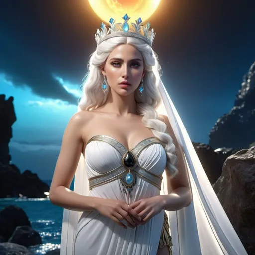 Prompt: HD 4k 3D, 8k, hyper realistic, professional modeling, ethereal Greek Goddess Princess of Sparts, white hair, white skin, gorgeous glowing face, colorful bridal dress, black gemstone jewelry and crown, standing in earthly paradise, surrounded by ambient divinity glow, detailed, elegant, mythical, surreal dramatic lighting, majestic, goddesslike aura