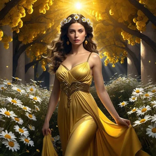 Prompt: HD 4k 3D 8k professional modeling photo hyper realistic beautiful woman Classic Princess ethereal greek goddess 
brunette gorgeous face yellow gown full body surrounded by ambient glow, daisies flowers vegetation, enchanted, magical, detailed, highly realistic woman, high fantasy background, elegant, mythical, surreal lighting, majestic, goddesslike aura, red and black flowers, Annie Leibovitz style 

