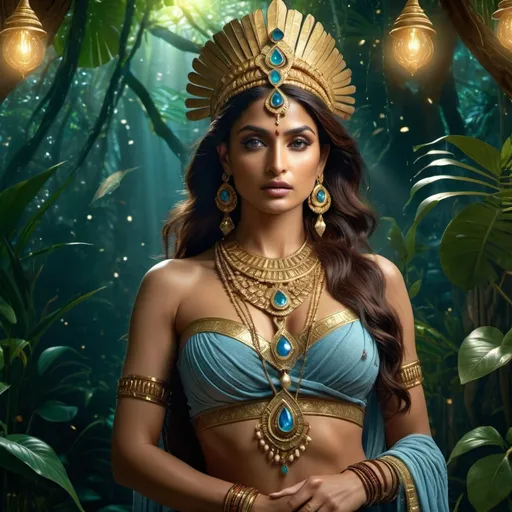 Prompt: HD 4k 3D 8k professional modeling photo hyper realistic beautiful woman Indian Princess ethereal greek goddess, myth and magic goddess, full body surrounded by ambient glow, covered in jewels, enchanted, magical, highly detailed, intricate, highly realistic woman, high fantasy background, indian jungle afterlife, elegant, mythical, surreal lighting, majestic, goddesslike aura, Annie Leibovitz style 

