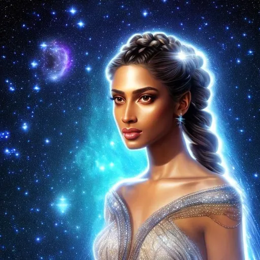 Prompt: HD 4k 3D, hyper realistic, professional modeling, ethereal Greek goddess of the comets, sparkling blue long braided hair, brown skin, gorgeous face, gorgeous white starry dress with long train, comet white jewelry and diadem of stars, pixie wings, full body, ambient starlight glow, comet over islands, dazzling light, landscape, detailed, elegant, ethereal, mythical, Greek, goddess, surreal lighting, majestic, goddesslike aura