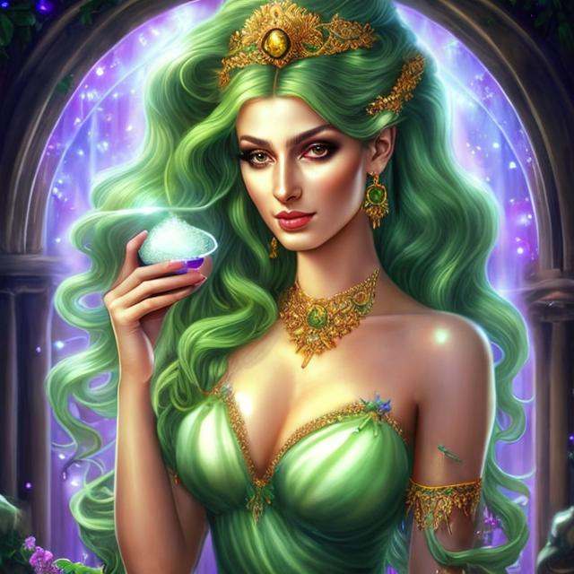 Prompt: HD 4k 3D, hyper realistic, professional modeling, ethereal Greek goddess of cures, yellow and green hair, dark freckled skin, alluring gown, gorgeous face, gemstone jewelry and tiara, full body, ambient glow, potion maker, working in greenhouse with potions, oils, and cures, detailed, elegant, ethereal, mythical, Greek, goddess, surreal lighting, majestic, goddesslike aura