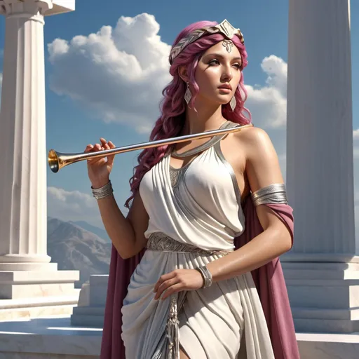 Prompt: HD 4k 3D, hyper realistic, professional modeling, ethereal Greek Muse of Musical Poetry, flowing dark pink hair, tan skin, gorgeous face, grecian flowing tunic, silver jewelry and silver headband, full body, delightful, music, playing flute, on mount olympus, detailed, elegant, ethereal, mythical, Greek, goddess, surreal lighting, majestic, goddesslike aura