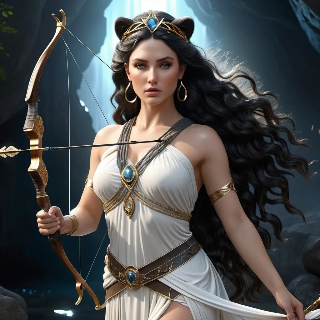 Prompt: HD 4k 3D, 8k, hyper realistic, professional modeling, ethereal Greek Goddess Heroine Atalanta, long black flowing hair, white skin, gorgeous glowing face, huntress tunic, gray gemstone jewelry and tiara, bow and arrows, bear companion, wilderness, surrounded by ambient divinity glow, detailed, elegant, mythical, surreal dramatic lighting, majestic, goddesslike aura