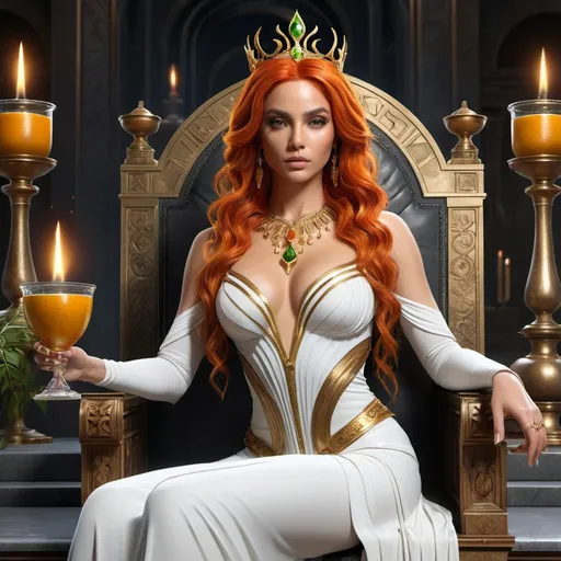 Prompt: HD 4k 3D, hyper realistic, professional modeling, ethereal Greek Goddess Witch, fiery orange hair, olive skin, gorgeous face, white loose gown, jewelry and tiara, holding a wand and goblet, full body, enchantress, sitting at throne in palace, black panther companion, potions and herbs, detailed, elegant, ethereal, mythical, Greek, goddess, surreal lighting, majestic, goddesslike aura