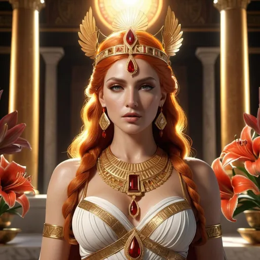Prompt: HD 4k 3D, 8k, hyper realistic, professional modeling, ethereal Greek Goddess Queen of Thebes, orange hair, ivory skin, gorgeous glowing face, priestess dress, red gemstone jewelry and diadem,= oracle, palace, amaryllis flowers, surrounded by ambient divinity glow, detailed, elegant, mythical, surreal dramatic lighting, majestic, goddesslike aura
