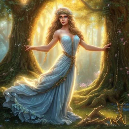 Prompt: HD 4k 3D, hyper realistic, professional modeling, ethereal Greek goddess of oak trees, blue hair, fair skin, gorgeous face, gorgeous rustic inspired dress, rustic jewelry and rustic headband, full body, ambient glow, oak tree forest nymph, landscape, detailed, elegant, ethereal, mythical, Greek, goddess, surreal lighting, majestic, goddesslike aura