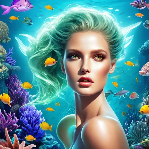 Prompt: HD 4k 3D 8k professional modeling photo hyper realistic beautiful evil woman ethereal greek goddess mermaid
green hair gorgeous face starfish  jewelry starfish diadem mermaid tail full body surrounded by ambient glow hd landscape underwater kelp forest 
