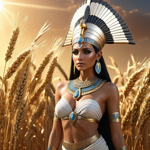 Prompt: HD 4k 3D, 8k, hyper realistic, professional modeling, ethereal Egyptian Goddess style, Harvest Goddess, beautiful, glowing tan skin, silver hair, mythical rustic outfit and jewelry, headpiece, full body, goddess of grain and weaving, Fantasy setting field of wheat, surrounded by ambient divine glow, detailed, elegant, surreal dramatic lighting, majestic, goddesslike aura, octane render, artistic and whimsical