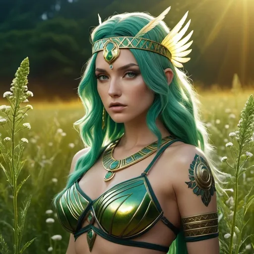 Prompt: HD 4k 3D, 8k, hyper realistic, professional modeling, ethereal Greek Goddess and Amazonian Warrior, green hair, pale skin, gorgeous glowing face, Amazonian Warrior fur armor, sphalerite jewelry and headband, Amazon warrior, tattoos, full body, combative, in a field of yarrow flowers, surrounded by ambient divine glow, detailed, elegant, mythical, surreal dramatic lighting, majestic, goddesslike aura