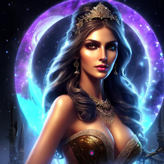 Prompt: HD 4k 3D 8k professional modeling photo hyper realistic beautiful sorceress woman ethereal greek goddess of magic
chestnut brown hair light eyes black skin gorgeous face mystical dress magical jewelry diadem on head surrounded by magic ambient glow hd landscape spooky dark night sitting on throne under the moon dogs at her side magical atmosphere
