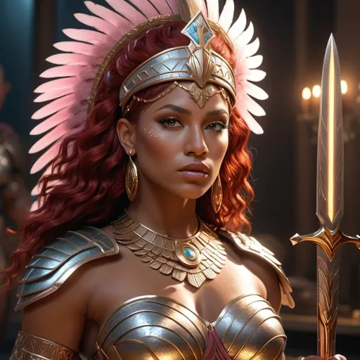 Prompt: HD 4k 3D, 8k, hyper realistic, professional modeling, ethereal Greek Goddess and Amazonian Queen, red hair, brown skin, gorgeous glowing face, Amazonian Warrior scales armor, pink jewelry and headpiece, Amazon warrior, tattoos, full body, sword and shield, savannah, surrounded by ambient divine glow, detailed, elegant, mythical, surreal dramatic lighting, majestic, goddesslike aura