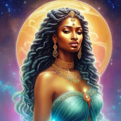 Prompt: HD 4k 3D, hyper realistic, professional modeling, ethereal Greek goddess of sunrise, green and light blue twists hair, dark skin, orange and pink shimmering gown, gorgeous face, sparkling jewelry and tiara, full body, ambient glow of sunrise, alluring sun goddess on the horizon, detailed, elegant, ethereal, mythical, Greek, goddess, surreal lighting, majestic, goddesslike aura