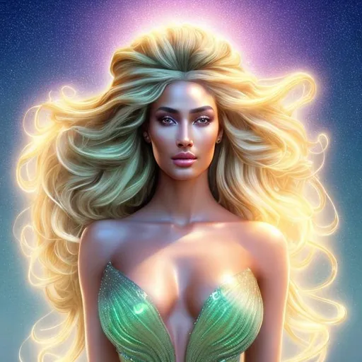 Prompt: HD 4k 3D, hyper realistic, professional modeling, ethereal Greek goddess of dawn, light green ombre hair, brown skin, pink shimmering gown, gorgeous face, sparkling jewelry and headband, full body, ambient glow of dawn, alluring sun goddess in the sky, detailed, elegant, ethereal, mythical, Greek, goddess, surreal lighting, majestic, goddesslike aura