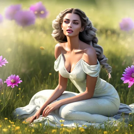 Prompt: HD 4k 3D 8k professional modeling photo hyper realistic beautiful woman ethereal greek goddess of excuses
gray french braid hair green eyes brown skin gorgeous face shimmering dress shiny jewelry headband laying in meadow full body surrounded by ambient glow hd landscape background she is lazing in a summer meadow bathed in sunshine with goats and sheep
