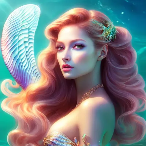 Prompt: HD 4k 3D 8k professional modeling photo hyper realistic beautiful woman ethereal greek goddess Asian sea nymph Oceanid
red hair pale skin gorgeous face ocean jewelry sea headband colored mermaid tail full body surrounded by ambient glow hd landscape under the pacific ocean mermaid 

