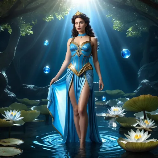 Prompt: HD 4k 3D 8k professional modeling photo hyper realistic beautiful woman enchanted Mercury Princess Ami, ethereal greek goddess, full body surrounded by ambient glow, magical, highly detailed, intricate, beautiful Sailor Mercury style, Mercury, sapphires and water lilies, outdoor landscape, highly realistic woman, high fantasy background, elegant, mythical, surreal lighting, majestic, goddesslike aura, Annie Leibovitz style 

