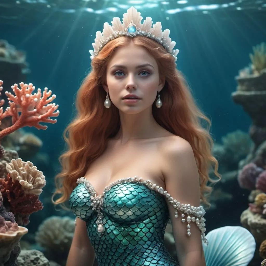 Prompt: HD 4k 3D, hyper realistic, professional modeling, enchanted Denmark Mermaid Princess - Marina, pearls, beautiful, magical, coral reef, high fantasy background, detailed, highly realistic woman, elegant, ethereal, mythical, Greek goddess, surreal lighting, majestic, goddesslike aura