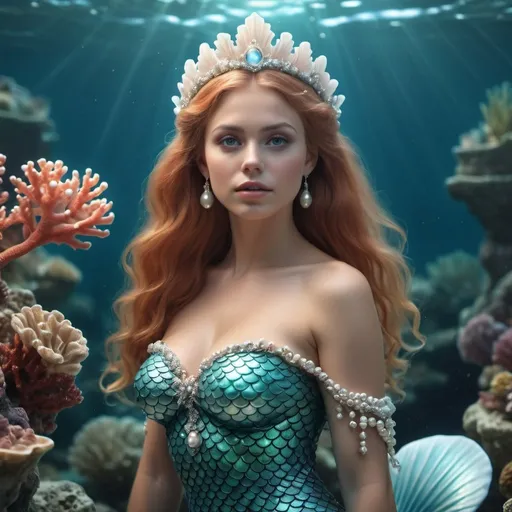 Prompt: HD 4k 3D, hyper realistic, professional modeling, enchanted Denmark Mermaid Princess - Marina, pearls, beautiful, magical, coral reef, high fantasy background, detailed, highly realistic woman, elegant, ethereal, mythical, Greek goddess, surreal lighting, majestic, goddesslike aura