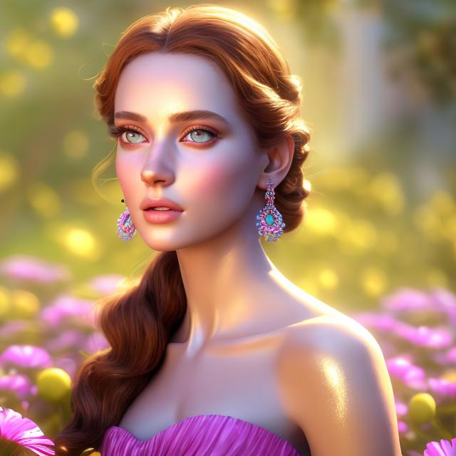 Prompt: HD 4k 3D 8k professional modeling photo hyper realistic beautiful young woman ethereal greek goddess of friendliness and kindness
red pigtail hair blue eyes gorgeous face dark skin shiny bright dress bright jewelry springtime tiara full body surrounded by ambient glow hd landscape background she is in the sunny springtime greek countryside with bright flowers and fauna
