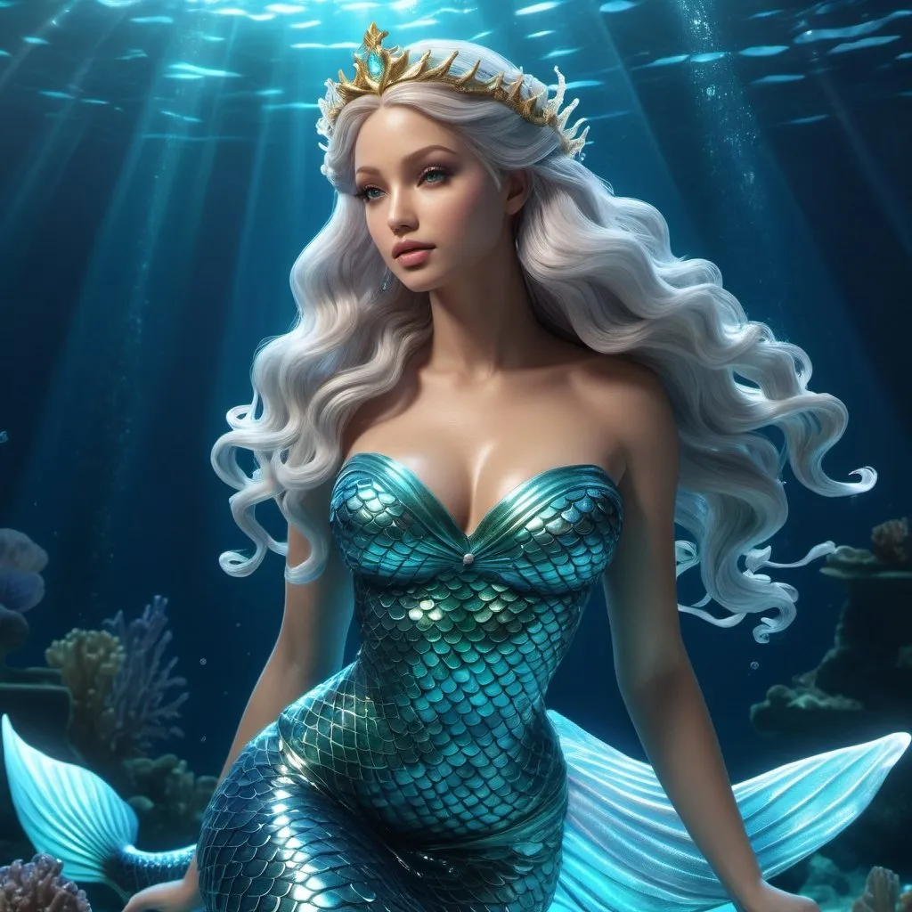 Prompt: HD 4k 3D, hyper realistic, professional modeling, ethereal Mermaid Princess beautiful, magical, underwater fantasy ocean, detailed, elegant, ethereal, mythical, Greek goddess, surreal lighting, majestic, goddesslike aura