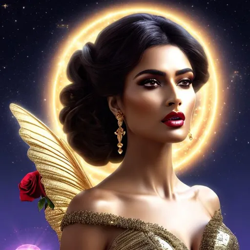 Prompt: HD 4k 3D 8k professional modeling photo hyper realistic beautiful woman ethereal greek goddess fairy of the dawn
black hair gorgeous face dark skin gold gown with roses gold shining jewelry gold shining diadem fairy wings full body surrounded by ambient rosy glow of the sun hd landscape magic cosmic sky changing from night to dawn 

