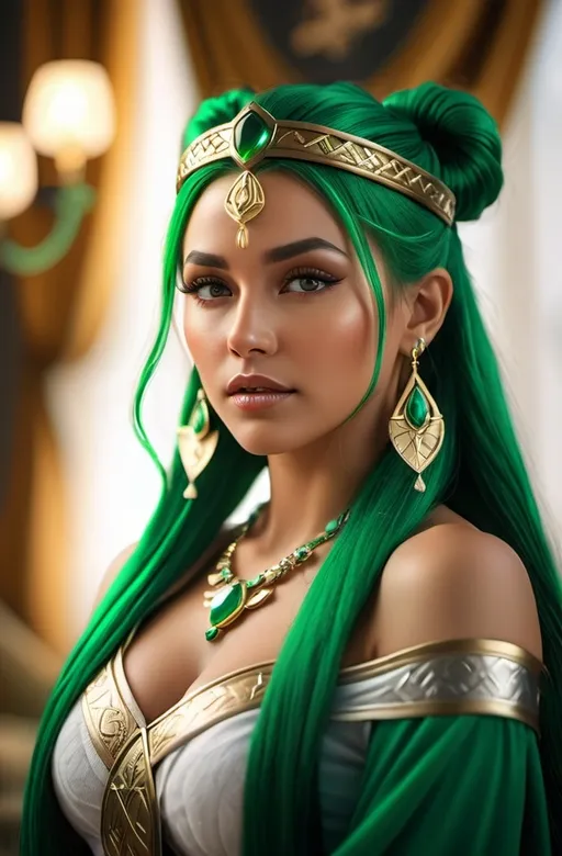 Prompt: Lofn Norse Goddess of comforting love, hyper realistic, HD 4k 3D, professional modeling, ethereal, bright green double ponytail hair, olive skin, gorgeous face, gorgeous jewelry and headband, Valkyrie in a plush bedroom, ambient divine glow, detailed and intricate, elegant, ethereal, mythical, goddess, radiant lighting, majestic, goddesslike aura, Norse Viking Mythology