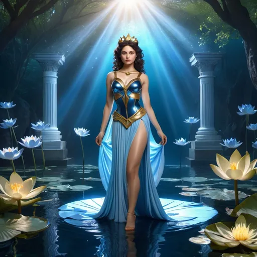 Prompt: HD 4k 3D 8k professional modeling photo hyper realistic beautiful woman enchanted Mercury Princess Ami, ethereal greek goddess, full body surrounded by ambient glow, magical, highly detailed, intricate, beautiful Sailor Mercury style, Mercury, sapphires and water lilies, outdoor landscape, highly realistic woman, high fantasy background, elegant, mythical, surreal lighting, majestic, goddesslike aura, Annie Leibovitz style 

