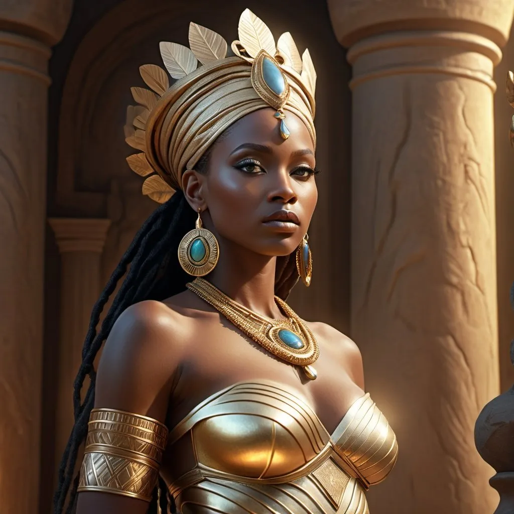 Prompt: HD 4k 3D, hyper realistic, professional modeling, enchanted African goddess mythology Princess, beautiful, magical, detailed, highly realistic woman, high fantasy background, Africa, elegant, ethereal, mythical, Greek goddess, surreal lighting, majestic, goddesslike aura, Annie Leibovitz style 