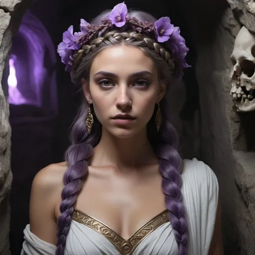 Prompt: HD 4k 3D, 8k, hyper realistic, professional modeling, ethereal Greek Goddess Theban Princess, purple dutch braided hair, mixed skin, gorgeous face, ghostly distressed gown, brown gemstone jewelry and dead flower crown, ghostly glow, in a dark stone tomb, catacomb, surrounded by ambient divine glow, detailed, elegant, ethereal, mythical, Greek, goddess, surreal lighting, majestic, goddesslike aura