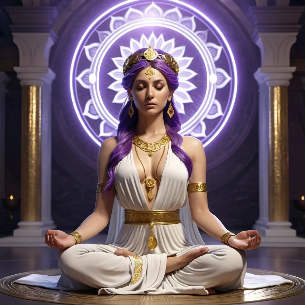 Prompt: HD 4k 3D, hyper realistic, professional modeling, ethereal Greek Muse of Meditation, bright purple hair, olive skin, gorgeous face, grecian robes, lotus jewelry and diadem, full body, embodiment of meditation, yoga pose, beautiful form, tranquility, detailed, elegant, ethereal, mythical, Greek, goddess, surreal lighting, majestic, goddesslike aura