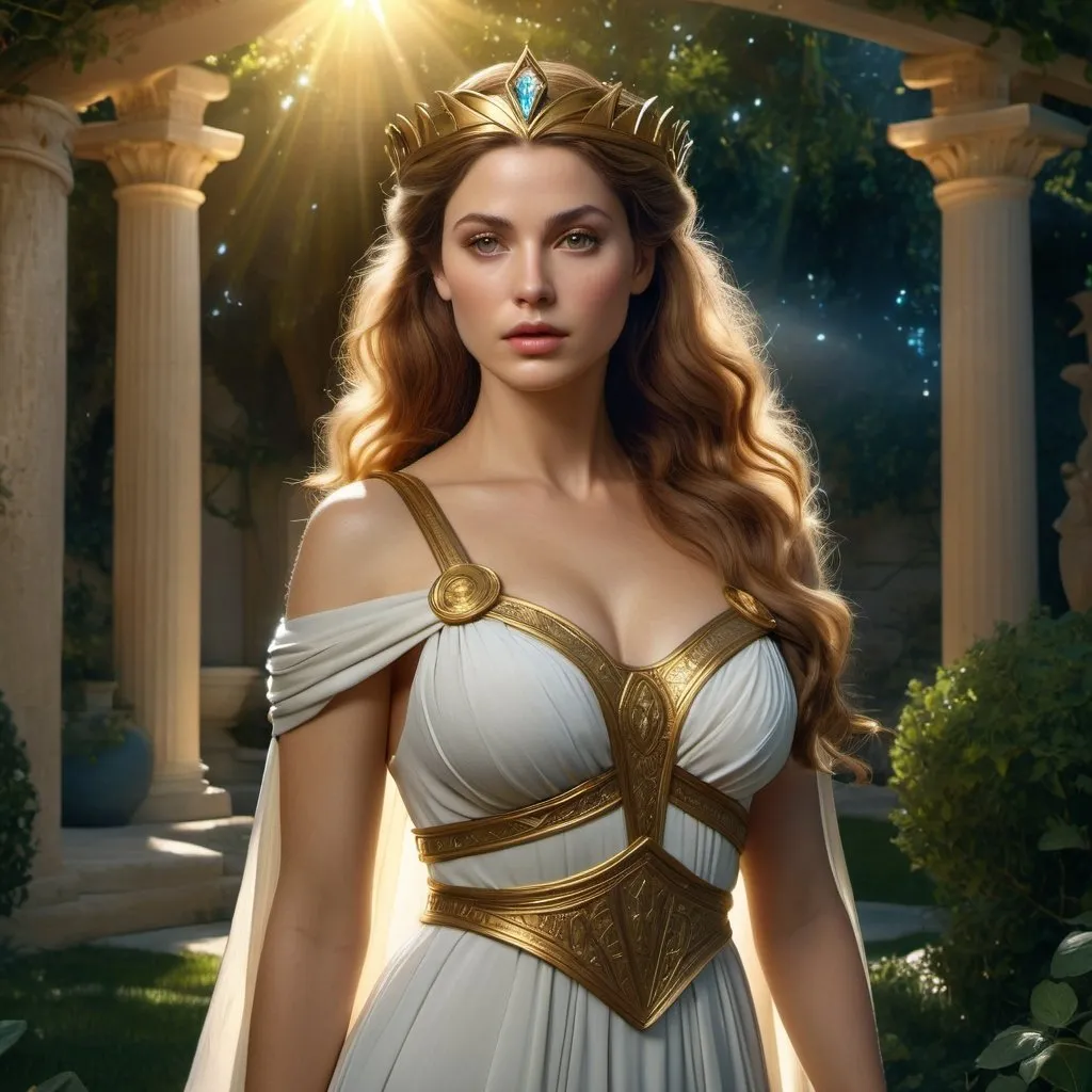 Prompt: HD 4k 3D 8k professional modeling photo hyper realistic beautiful woman Princess of Genovia ethereal greek goddess gorgeous face full body surrounded by ambient glow, enchanted, magical, detailed, highly realistic woman, high fantasy background, European garden countryside, elegant, mythical, surreal lighting, majestic, goddesslike aura, Annie Leibovitz style 

