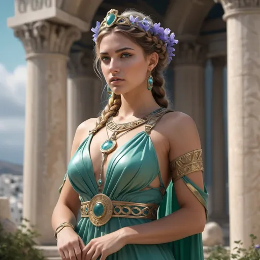 Prompt: HD 4k 3D, 8k, hyper realistic, professional modeling, ethereal Greek Goddess Fighter of Men, green double french braided hair, tan skin, gorgeous face, colorful Trojan dress, blue gemstone jewelry and diadem, Trojan Queen, Palace with bellflowers, powerful and proud, surrounded by ambient divine glow, detailed, elegant, ethereal, mythical, Greek, goddess, surreal lighting, majestic, goddesslike aura