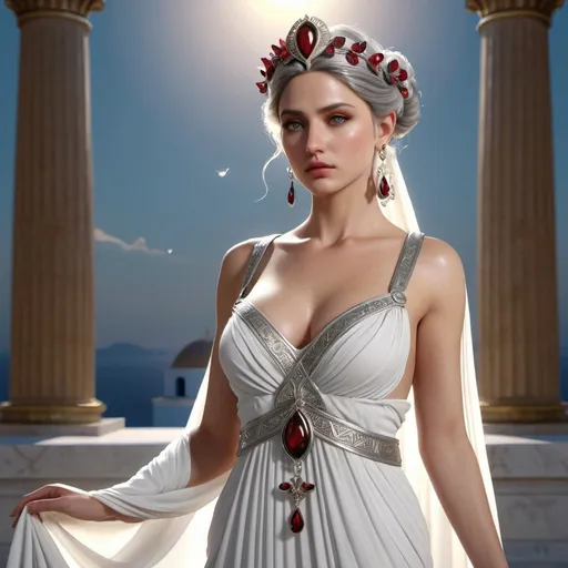 Prompt: HD 4k 3D, hyper realistic, professional modeling, ethereal Greek Goddess of Love Charms, light gray pulled back hair, white skin, gorgeous face,  grecian feminine gown, garnet jewelry and diadem, full body, enchantress, lovebirds, passionate, magic scenery, detailed, elegant, ethereal, mythical, Greek, goddess, surreal lighting, majestic, goddesslike aura