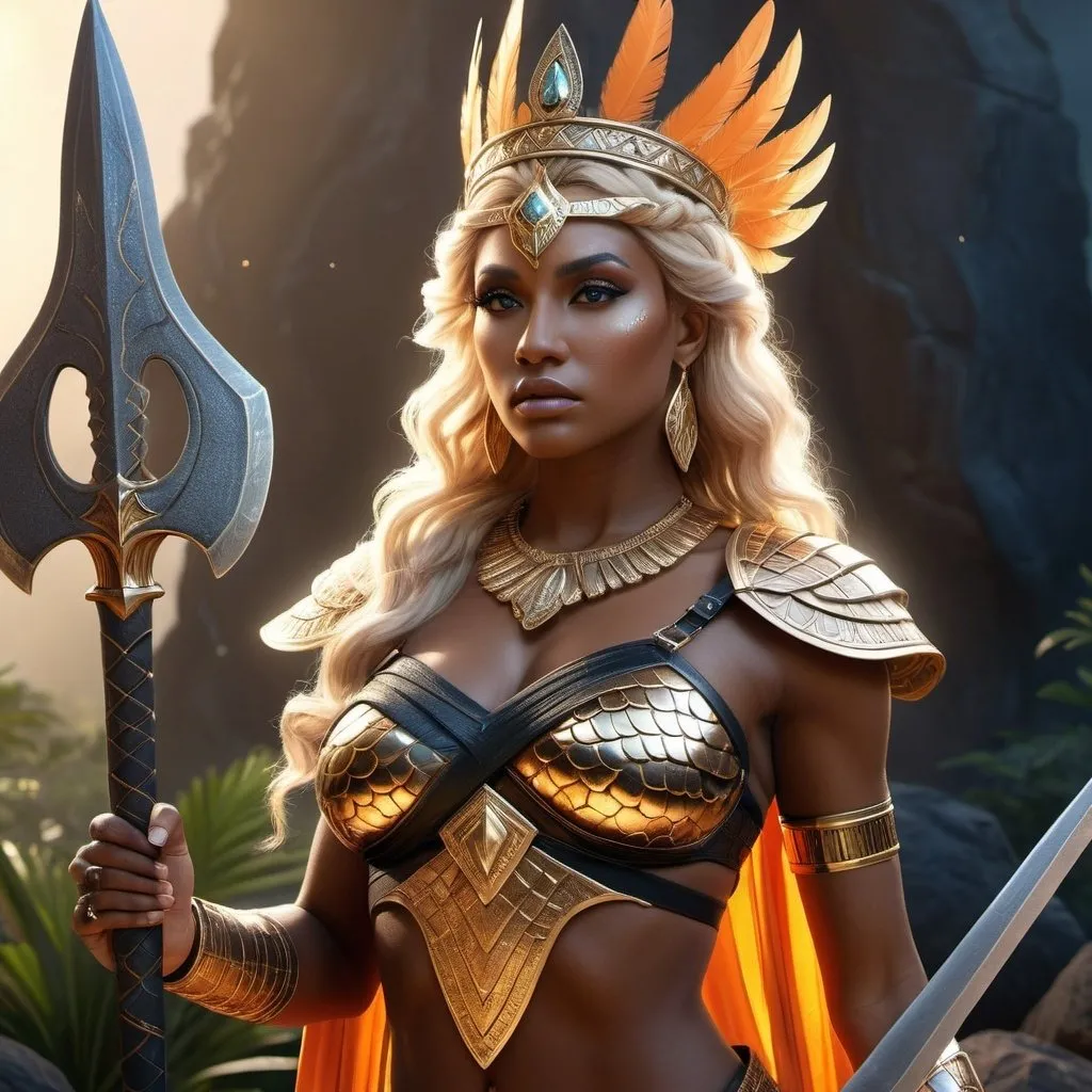 Prompt: HD 4k 3D, 8k, hyper realistic, professional modeling, ethereal Greek Goddess and Amazonian Queen, blonde hair, black skin, gorgeous glowing face, Amazonian Warrior reptile scales armor, orange jewelry and tiara, Amazon warrior, tattoos, full body, carrying battle axe, taiga sierra landscape, surrounded by ambient divine glow, detailed, elegant, mythical, surreal dramatic lighting, majestic, goddesslike aura