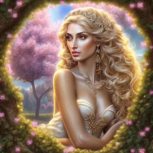 Prompt: HD 4k 3D, hyper realistic, professional modeling, ethereal  Greek goddess of mulberry, blonde hair, tan skin, gorgeous face, gorgeous tree dress, tree jewelry and mulberry tiara, full body, ambient glow, mulberry tree nymph, landscape, detailed, elegant, ethereal, mythical, Greek, goddess, surreal lighting, majestic, goddesslike aura